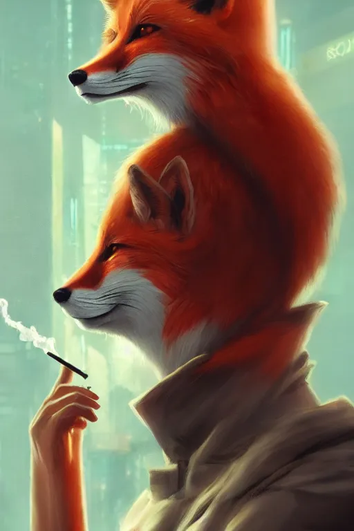 Image similar to beautiful portrait of a tall female anthro fox smoking a cigarette white standing head and shoulders taller than the bustling crowd of a rainy city street, cyberpunk, harsh neon lights, highly detailed, sharp focus, digital painting, illustration, trending on artstation, art by sakimichan, wlop, greg rutkowski
