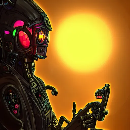 Image similar to portrait of a handsome cybernetic anthropomorphic western dragon, cyberpunk background, sunset, digital art