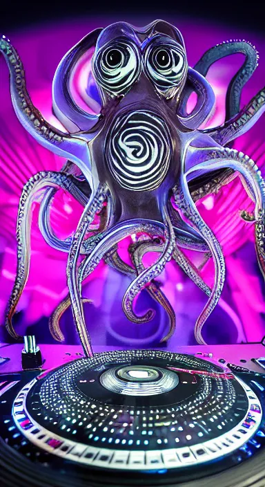 Image similar to award winning photo of an octopus! as a dj with tentacles! simultaneously placed turntables cdjs and knobs of a pioneer dj mixer. sharp, blue and fuschia colorful lighting, in front of a large crowd, studio, medium format, 8 k detail, volumetric lighting, wide angle, at an outdoor psytrance festival main stage at night