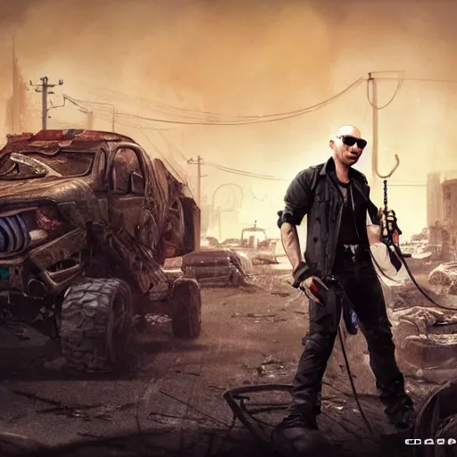 Prompt: pitbull the rapper in a post apocalyptic wasteland holding a microphone, by cedric peyravernay, highly detailed, excellent composition, photorealistic, cinematic concept art, dramatic lighting, trending on artstation