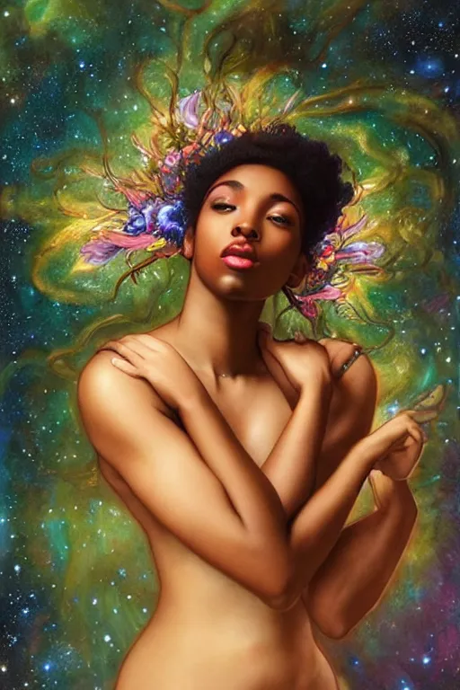 Image similar to beautiful black girl magic, nature goddess in front of nebulae bursting halos, crisp digital painting by artgerm by mucha by caravaggio and face by wlop