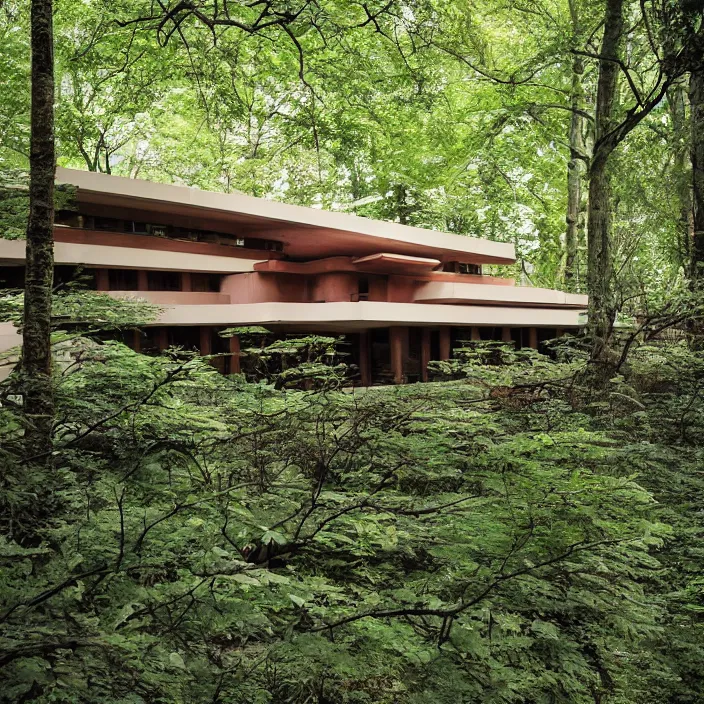 Image similar to a human face as a house by frank lloyd wright, eerie, lush trees, award winning photo, 8 k,