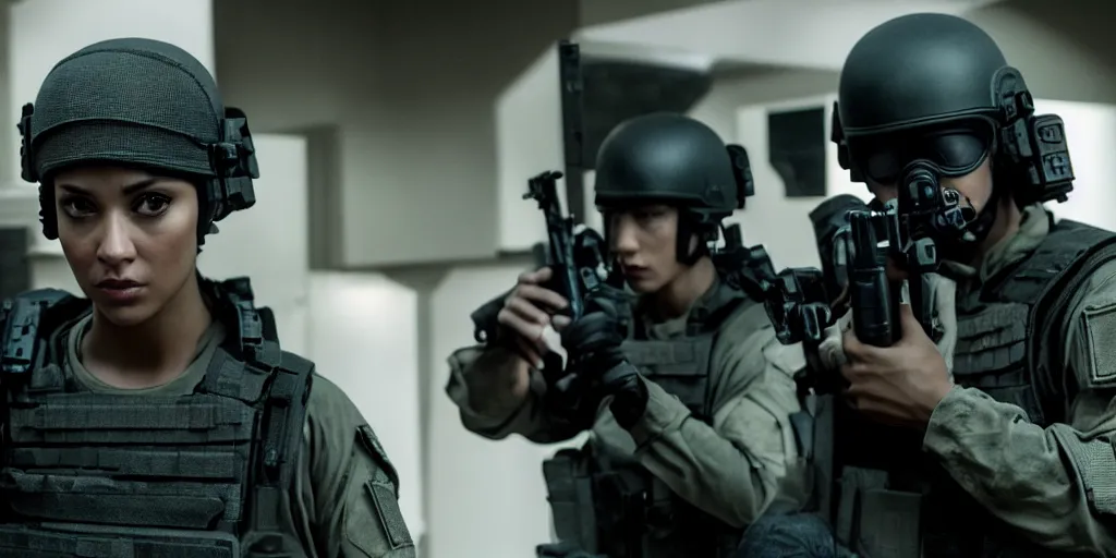 Image similar to vfx film, swat team squad crew, breach and clear, gang house, flat color profile low - key lighting award winning photography arri alexa cinematography, cinematic beautiful natural skin, famous face, atmospheric cool color - grade