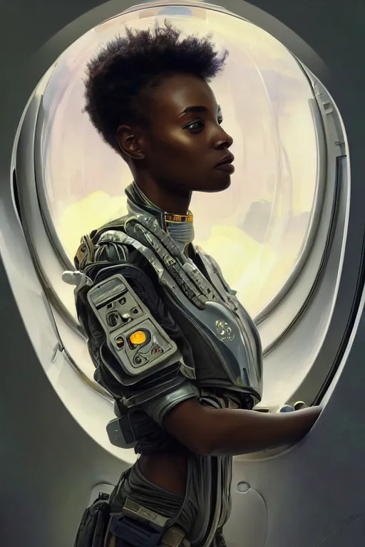 Prompt: portrait futuristic beautiful african Airforce armored pilot Girl, at inside of future fighter aircraft, ssci-fi, fantasy, intricate, very very beautiful, elegant, human anatomy, neon light, highly detailed, digital painting, artstation, concept art, soft light, smooth, sharp focus, illustration, art by tian zi and WLOP and alphonse mucha