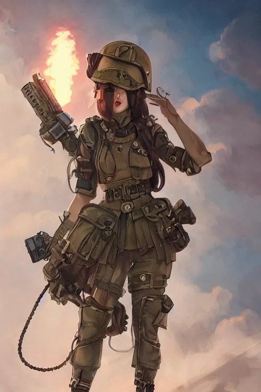 Image similar to dieselpunk blackpink jisoo as soldier girl, helmet, portrait, desert, armored, highly detailed, face detail, sharp focus, art, illustrations by rossdraws and ayanamikodon and wlop and irakli nadar and loish