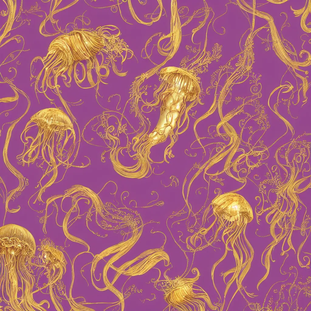 Prompt: Golden purple dress design in the style of rococo,Victorian era,jellyfish element,dreamy, soft,Backlight ,luminescence,highly detailed,8k