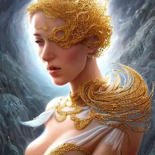 Image similar to a beautiful woman wearing a white dress made of silk with golden ornaments and diamonds jewelry by alex gray and android jones , Karol Bak, Ayami Kojima, Amano , concept art, character design, fantasy,3D, 8k resolution