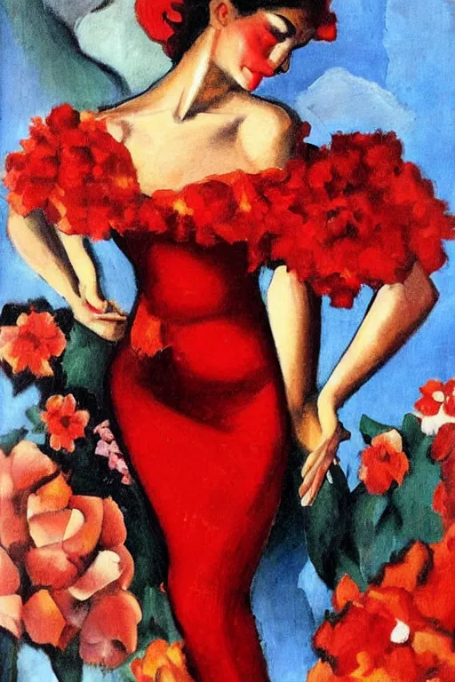 Image similar to spanish flamenco dancer in mallorca wearing a red dress made of flowers by artist tamara de lempicka