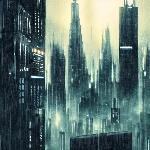 Prompt: Blade Runner cityscape, massive buildings, dark mood, photorealistic