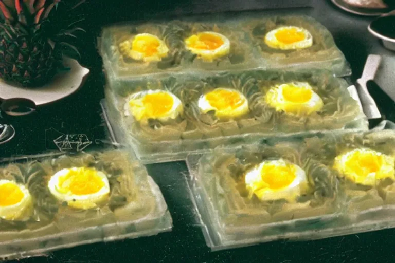 Prompt: pineapple and egg - salad aspic, in 1 9 9 5, y 2 k cybercore, industrial low - light photography, still from a ridley scott movie