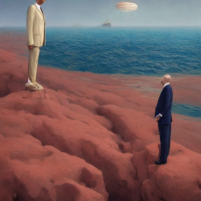 Image similar to a beautiful painting of a headless, armless man in a suit stands on the red sea by greg rutkowski and zdzisław beksinski and rene magritte, in style of digital art. hyper detailed, sharp focus, soft light. unreal engine 5. ray tracing. trending on artstation