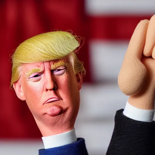 Image similar to Donald Trump realistic finger puppet, wide lens, diorama, 4k,