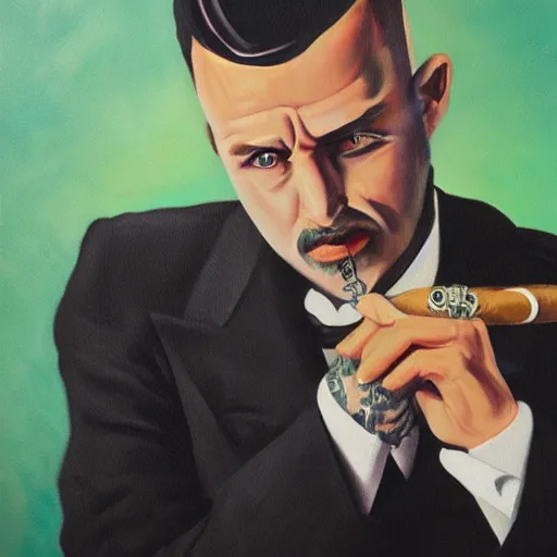 Image similar to a close - up canvas painting of a gangster irish man with a fade haircut, wearing a suit, bowtie, and ring, lighting a cigar, highly detailed