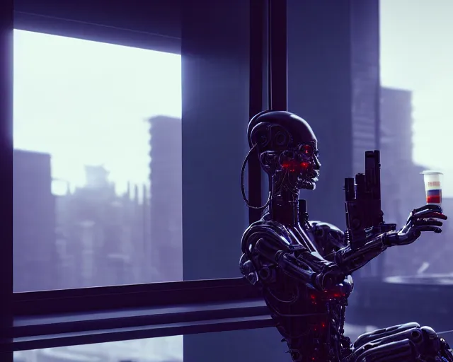 Image similar to terminator mechanical cyborg lady with borg enhancements and optical fibers and human face is drinking coffee near a window with dystopian city visible outside. very detailed 8 k. cyberpunk fantasy style. unreal engine render. global illumination. nanite. rtx. path tracing.