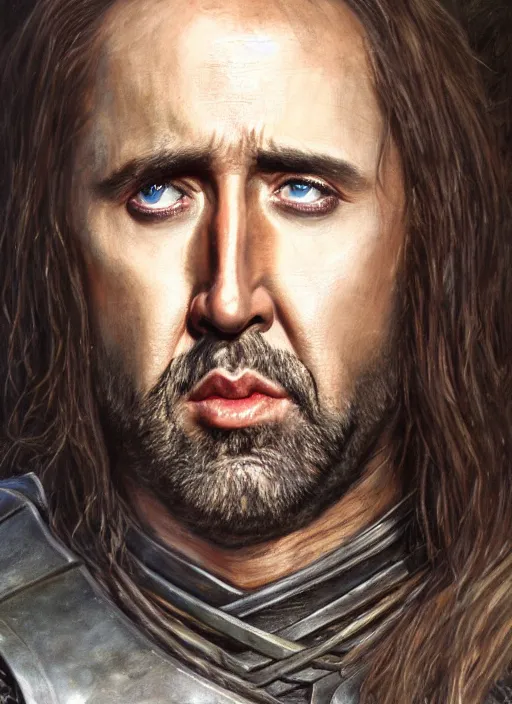 Image similar to portrait of nicolas cage as aragorn, action shot, strider, king elessar, by alan lee, lord of the rings, smooth, detailed terrain, oil painting, matte painting, concept art, trending on artstation, promotional artwork, film still, elegant, photorealistic facial features, intricate, detailed face, cinematic lighting