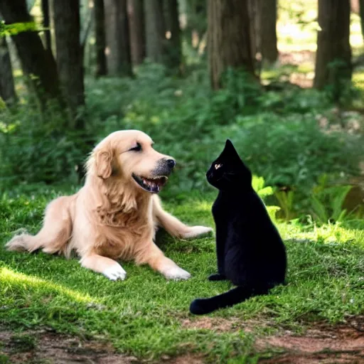 Image similar to golden retriever and a black kitty having a tea party in the forest