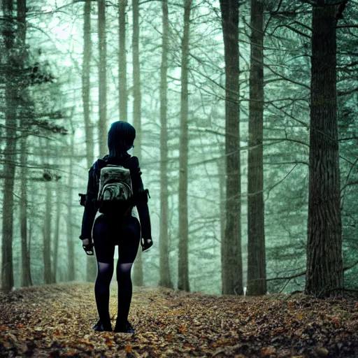 Image similar to young lady with green and black hair wearing black military style clothing backpack long sword glow misty forest rendered