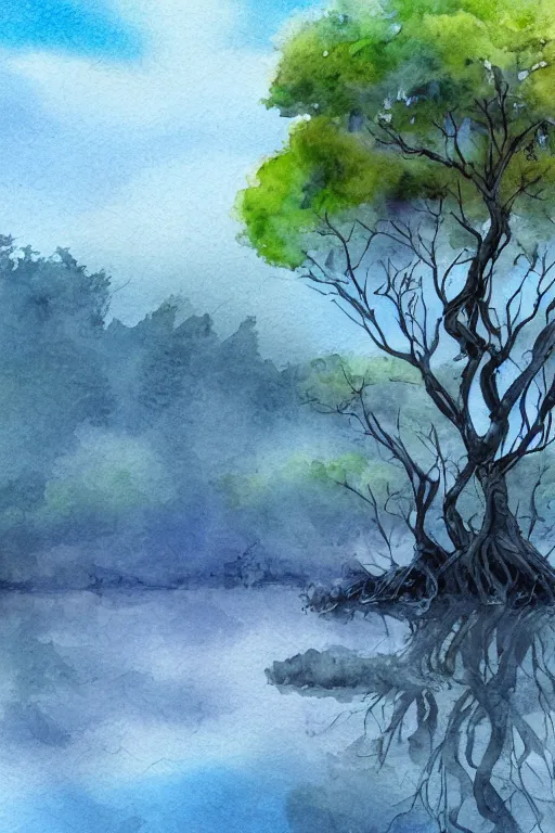 Prompt: beautiful digital watercolor painting of fantasy tree roots and puffy sky background watercolor lake, greg rutkowki artstation