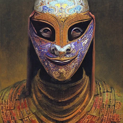 Image similar to portrait of masked Byzantine Tang Dynasty dancer on the art deco streets of the Undying Empire city of ya-Sattra during the Festival of Masks, award-winning realistic sci-fi concept art by Beksinski, Bruegel, Greg Rutkowski, Alphonse Mucha, and Yoshitaka Amano