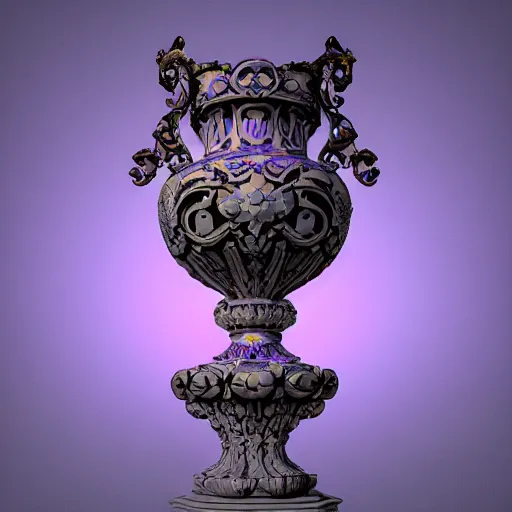 Image similar to An ornate baroque vase, violet, cerulean, sky blue, gold, silver, white black, volumetric dust rays, intricate detail, ultra realistic, cinematic lighting, moody, wet, shiny, octane render, art gallery