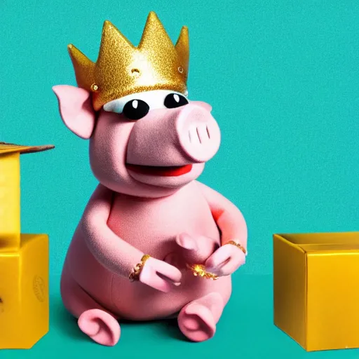 Image similar to pig wearing a gold crown depicted as a muppet holding box 8k