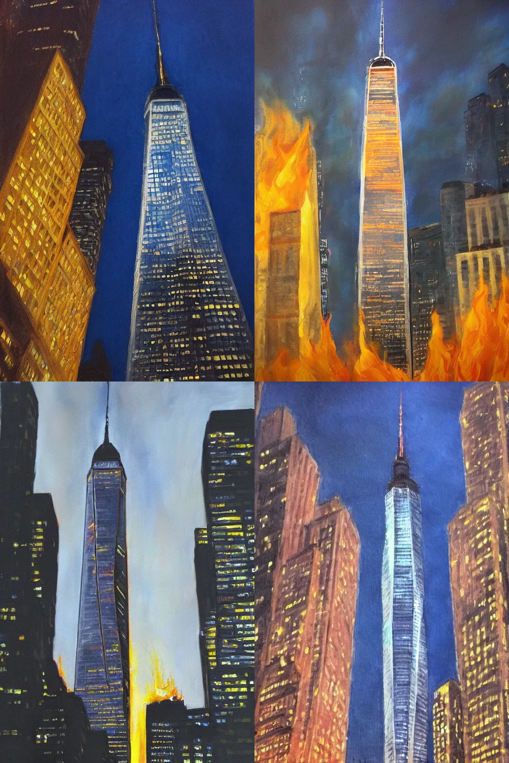 Prompt: New York Freedom Tower on fire, nighttime, realistic painting