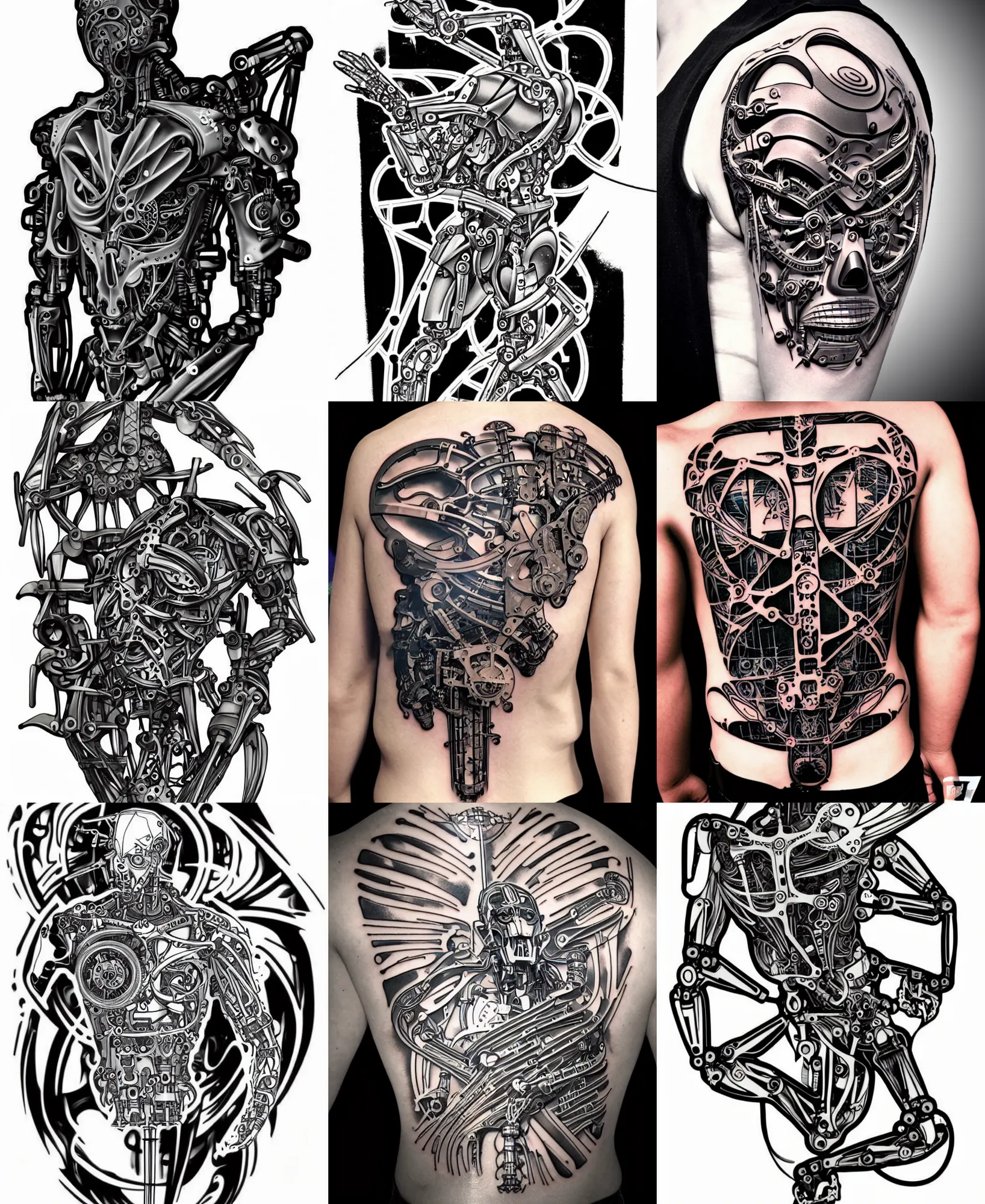Prompt: biomechnical parts cybernetic tattoo stencil