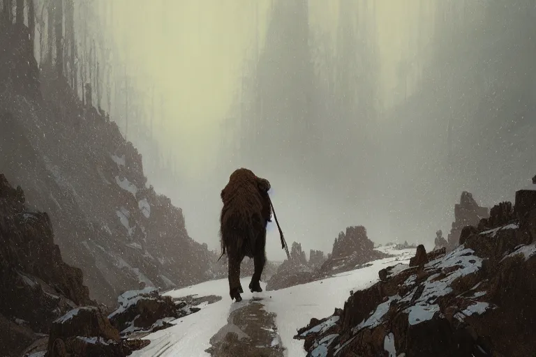 Image similar to a mammoth walking in a terrible snowstorm, luminous sky, by greg rutkowski and alphonse mucha, gradient brown to white, rocky mountains background, highly detailed landscape, digital painting, artstation, concept art, smooth, sharp focus illustration