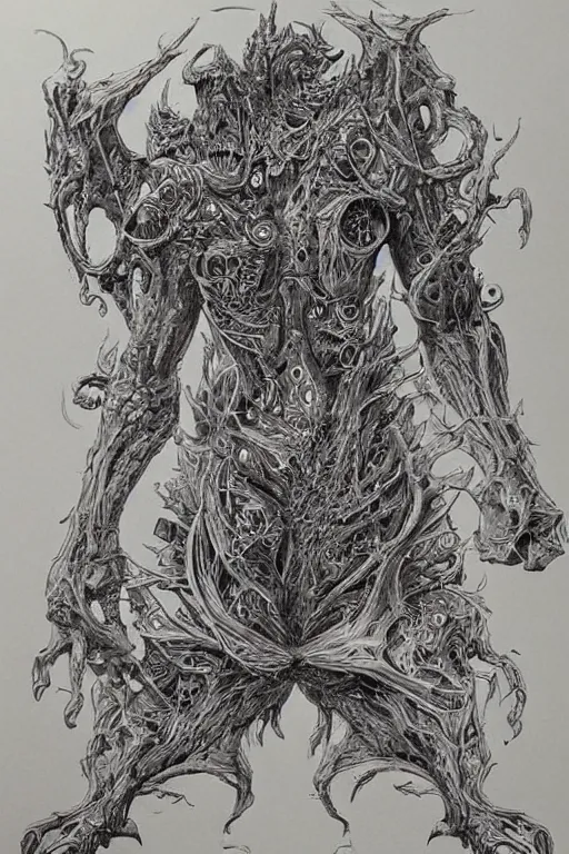 Image similar to A concept of a detailed and intricate design of a monster anatomy 3d design, great finesse organic hyper detailed, engineering blueprints, technical drawings, calculus, stained paper