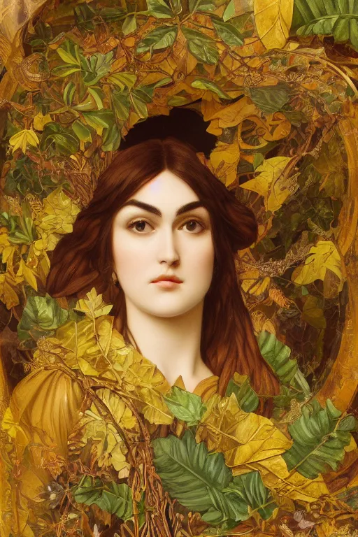 Prompt: masterpiece beautiful seductive flowing curves preraphaelite face portrait of sasha grey amongst leaves, extreme close up shot, yellow ochre ornate medieval dress, branching abstract decorate structural circle, halo, amongst foliage, gold gilded circle halo, kilian eng and frederic leighton and rosetti, 4 k