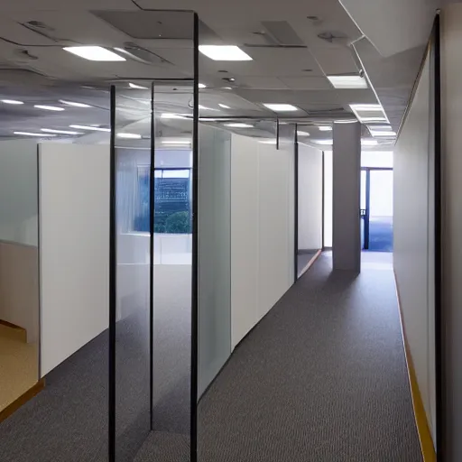 Image similar to non-euclidean office space, uneven hallways