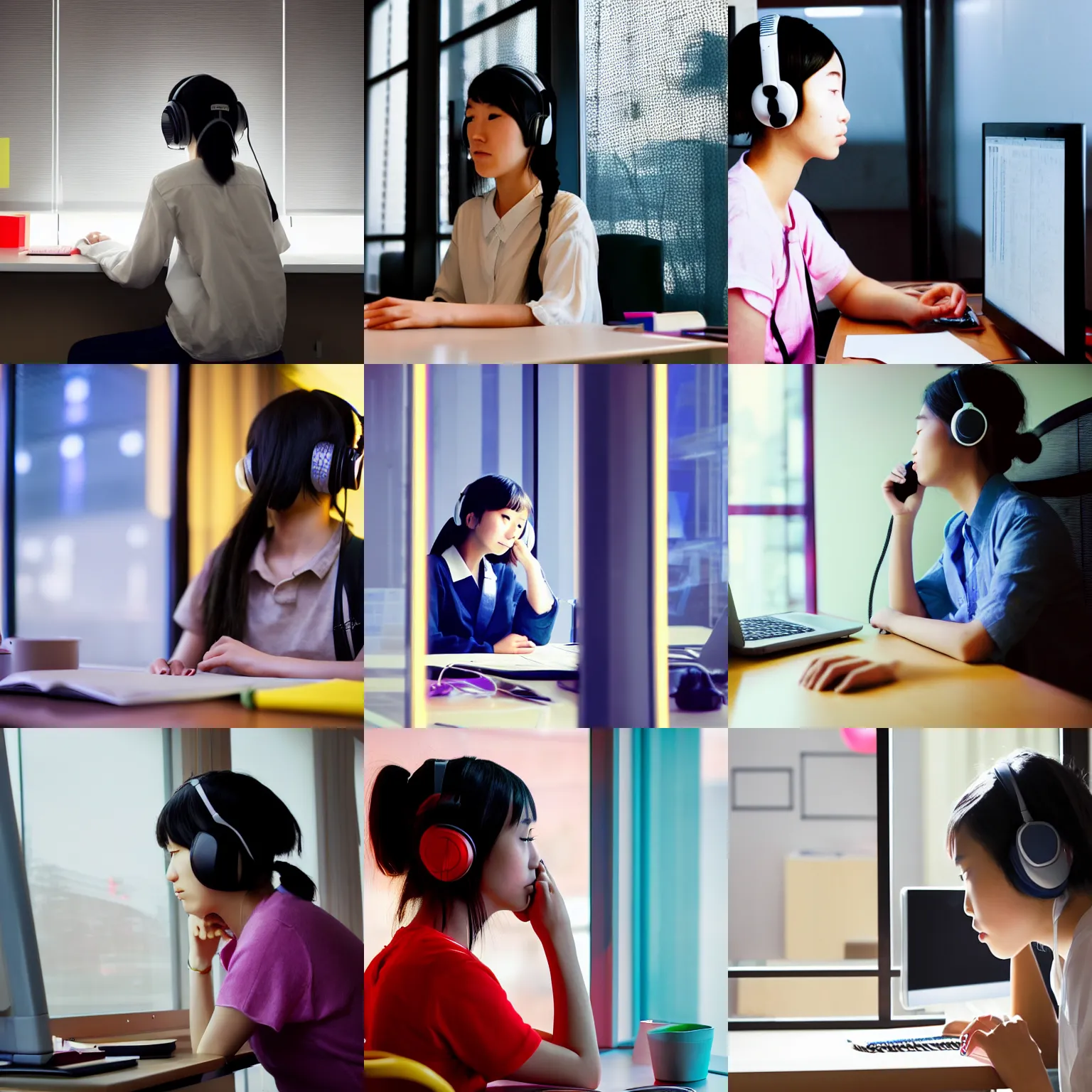 Prompt: young female japanese student in profile, sat at her desk, her face lit by the computer screen, wearing headphones, japan, window, tokyo, neon lights outside , Hayao Miyazaki