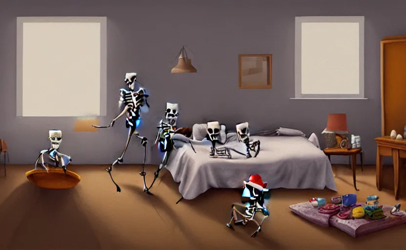 Image similar to matte oil painting of a clothed skeleton dressed in pajama robes and nightcaps and slippers inside of a dim bedroom that is full of furniture and toys, by tim jacobus, sleepy, cozy, warm