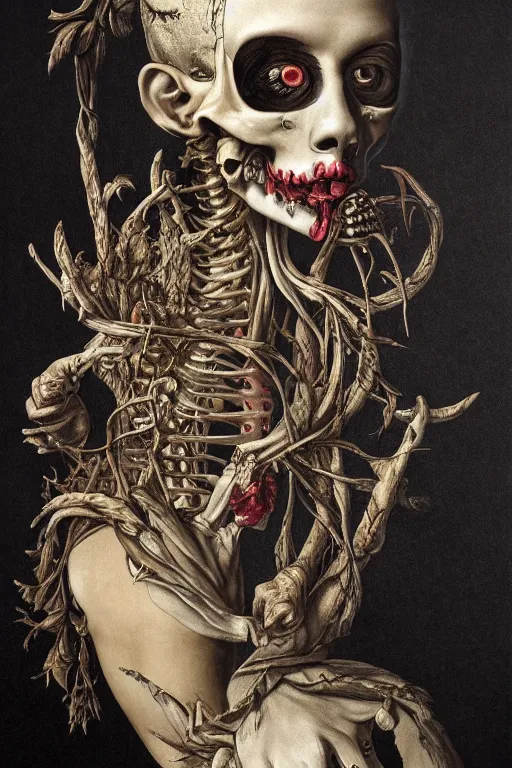 Image similar to Detailed maximalist portrait with large lips and large eyes, angry, exasperated expression, botanical skeleton, extra flesh, HD mixed media, 3D collage, highly detailed and intricate, surreal illustration in the style of Caravaggio, dark art, baroque