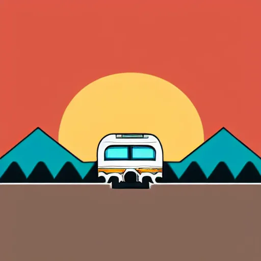 Prompt: minimal vector art sticker of a white and black cute thor chateau! motorhome camper!!, highway, mountains and colorful sunset!!, very very happy, dramatic, warm colors, crisp lines, very minimal vector art, sticker!! by tom whalen