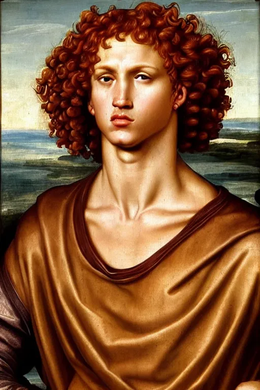 Image similar to renaissance painting of beautiful redhead man, curly hair, pleading face, tears dripping from the eyes, emotions closeup, dressed in roman armour, ultra detailed, made in bronze, art by Guido Reni style, Vincenzo Catena style