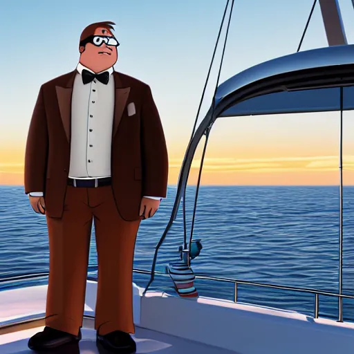 Prompt: hyperrealistic peter griffin wearing luxury clothes standing on a yacht during a sunset, cinematic