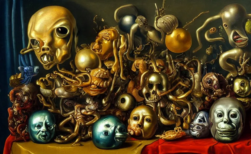 Image similar to the weirdest image ever disturbing colorful oil painting dutch golden age vanitas still life with bizarre recursive humanoid faces strange beautiful curvy women metal objects shiny gooey surfaces shiny metal bizarre insects rachel ruysch dali todd schorr very detailed perfect composition rule of thirds masterpiece canon 5 0 mm, cinematic lighting, chiaroscuro