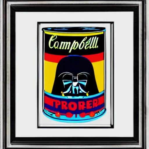 Prompt: andy warhol framed print with soup cans and darth vader pattern