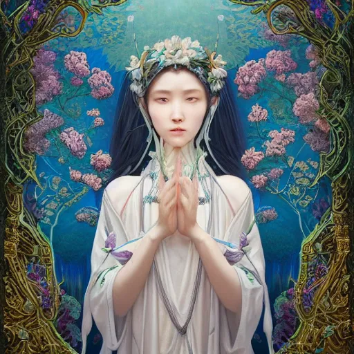 Image similar to breathtaking detailed concept art painting of the goddess of nemophila flowers, orthodox saint, with anxious, piercing eyes, ornate background, amalgamation of leaves and flowers, by Hsiao-Ron Cheng, James jean, Miho Hirano, Hayao Miyazaki, extremely moody lighting, 8K