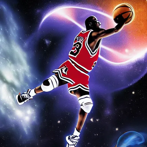 Prompt: Poster of Michael Jordan in space dunking into a black hole, highly detailed, realistic