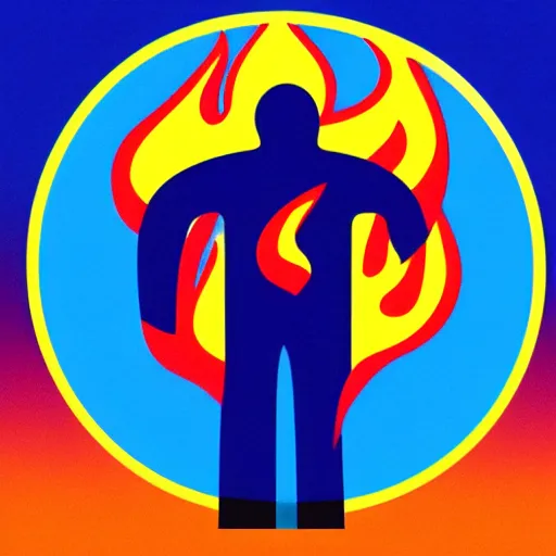 Image similar to cartoon person on fire as logo, burning, flames, symmetrical, washed out color, centered, art deco, 1 9 5 0's futuristic, glowing highlights, peaceful