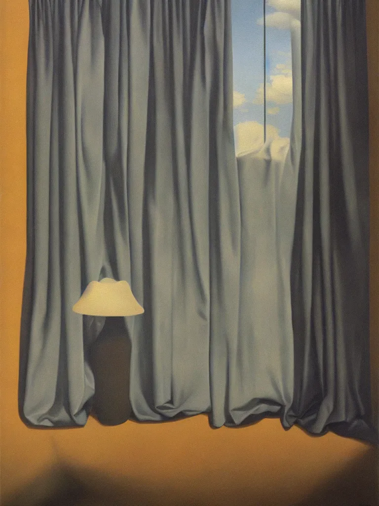 Image similar to curtains are clouds by rene magritte, detailed painting, hd, hq, high resolution, high detail, 4 k, 8 k