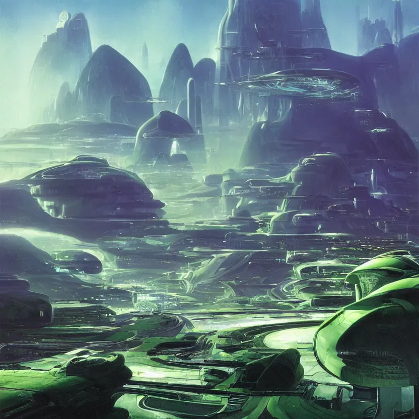 Image similar to beautiful matte painting album cover art of green gardens with roads on a futuristic sci-fi space station, cinematic angle, cinematic lighting, blue sky, by Syd Mead, John Harris, Federico Pelat