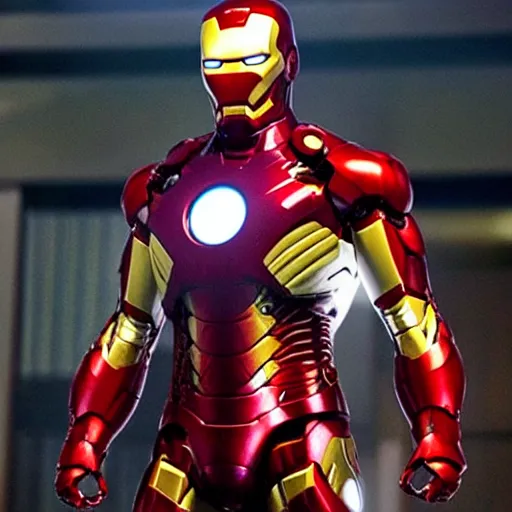 Prompt: promotional image of Shinzo Abe as Iron Man in Iron Man（2008）, he wears Iron Man armor without his face, movie still frame, promotional image, imax 70 mm footage