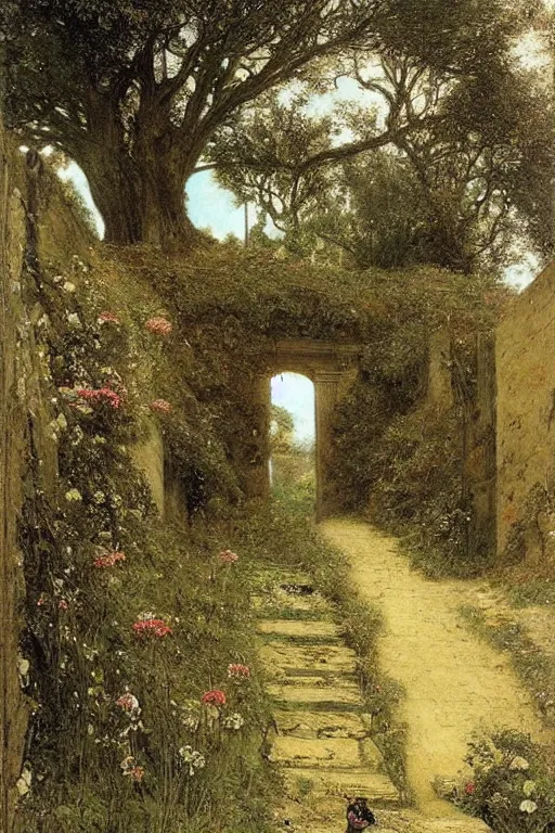 Prompt: abandoned cathedral w/ path that leads to cemetery, dark, overgrown, weeds and wildflowers on the graves, an old twisted tree, a tall stone wall, lawrence alma-tadema