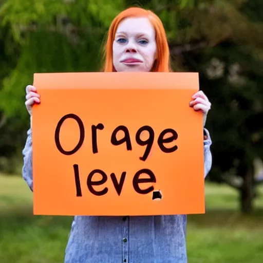 Image similar to orange tabby cat holds sign that says