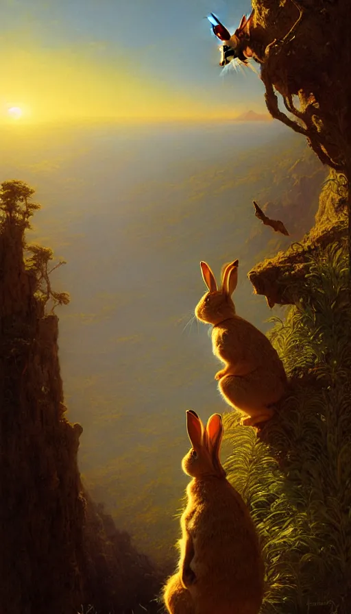 Image similar to rabbit looking off of a cliff, sun setting behind rabbit, lush forest in valley below, painted by tom bagshaw, james gurney, gaston bussiere, craig mullins, j. c. leyendecker 8 k