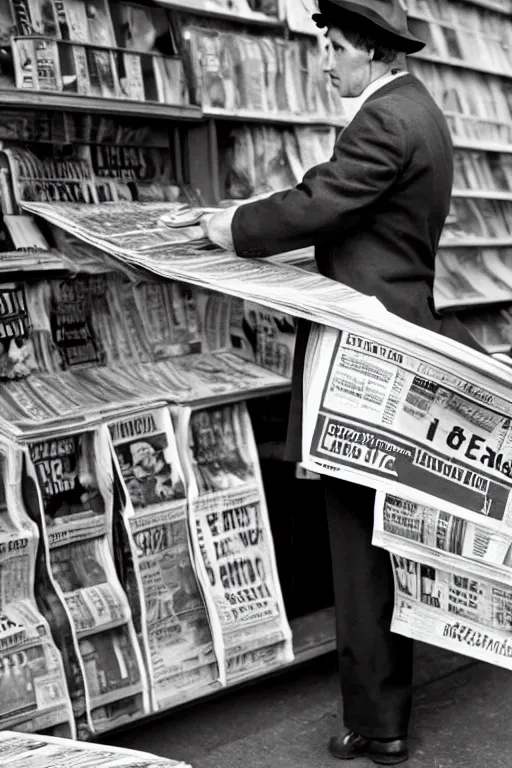 Image similar to a 5 0's detective, buying newspaper at the newsstand