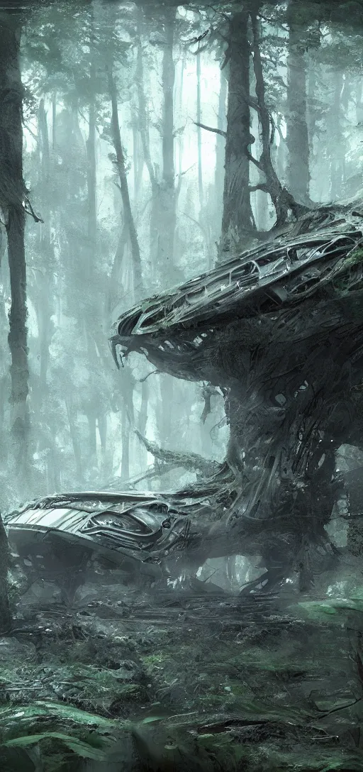 Image similar to an alien spaceship half-buried in the woods, by Craig Mullins, cinematic lighting, concept art, trending on artstation